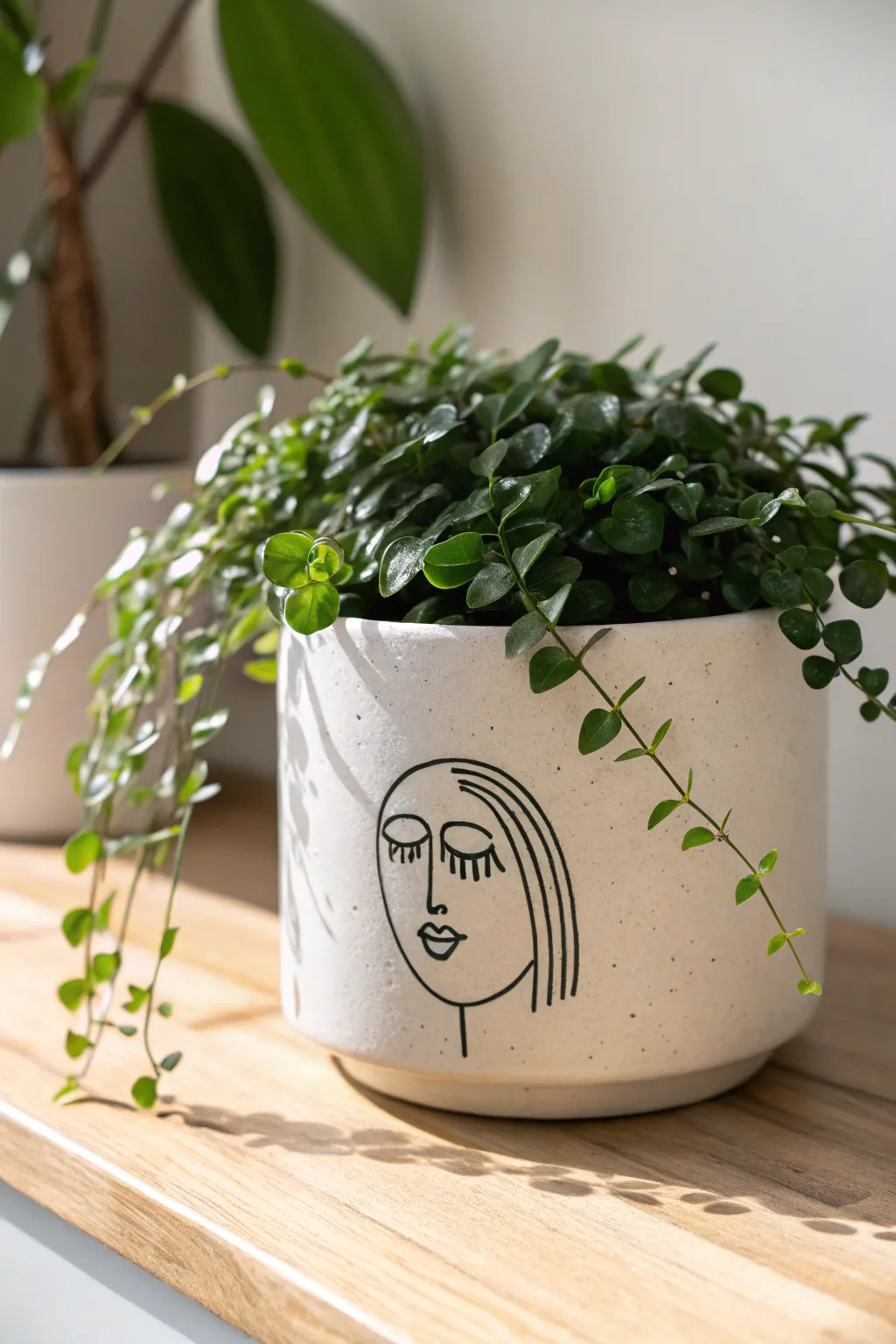Minimal line-art face planter with lush green foliage hair, modern Scandinavian boho charm.