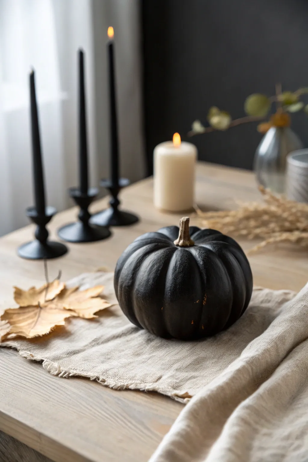 Moody matte black ceramic pumpkin styled with linen and dark candles for elegant autumn vibes.