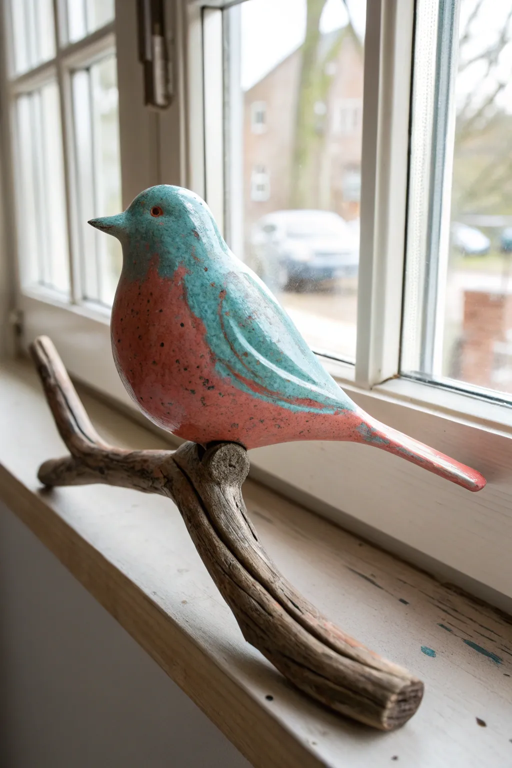 Minimal bird-on-a-branch ceramic sculpture with clean lines, bold color, and cozy Nordic calm