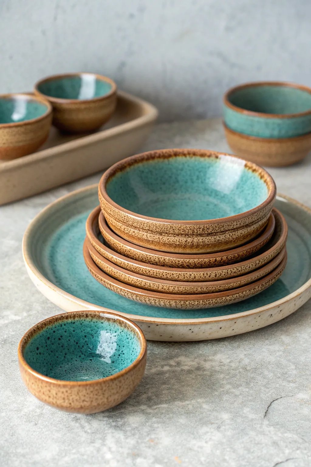Minimalist appetizer plate set with tiny pinch bowls, stamped texture, bold teal on warm clay.