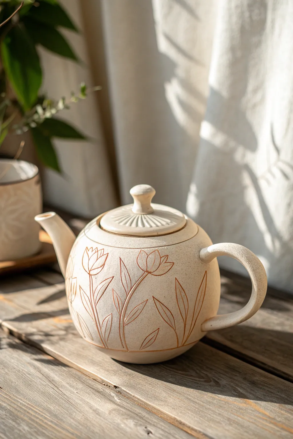 Carved floral teapot with a soft underglaze wash, minimalist shape, bold rosy details.