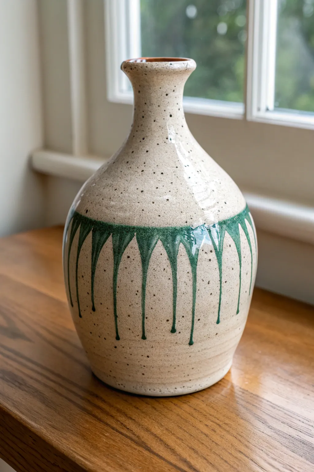 Minimal ceramic vase with glossy drip-glaze rim, bold yet calm Scandinavian-boho accent.