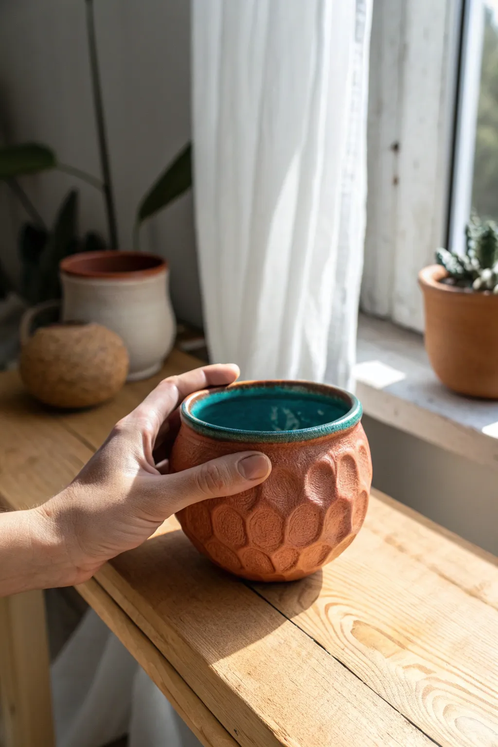 Softly faceted pinch pot vessel in warm earthy glaze on a rustic tabletop, modern boho.