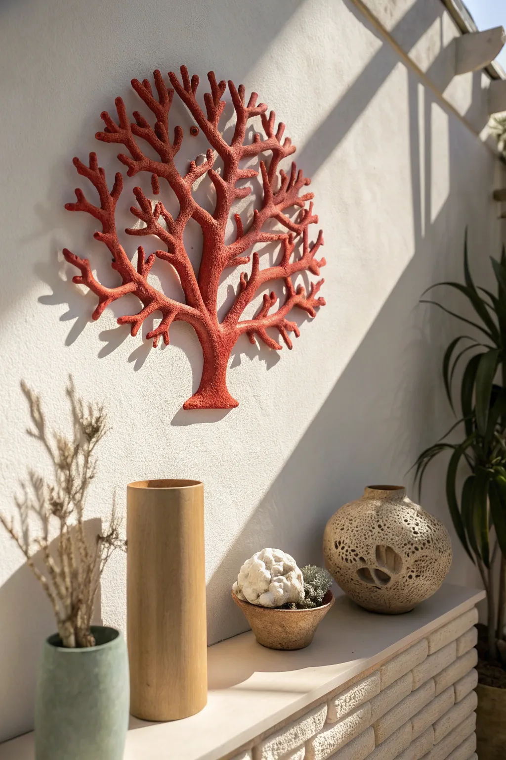 Coral-red high-relief ceramic wall art, minimalist with boho warmth, bold shadows and texture.