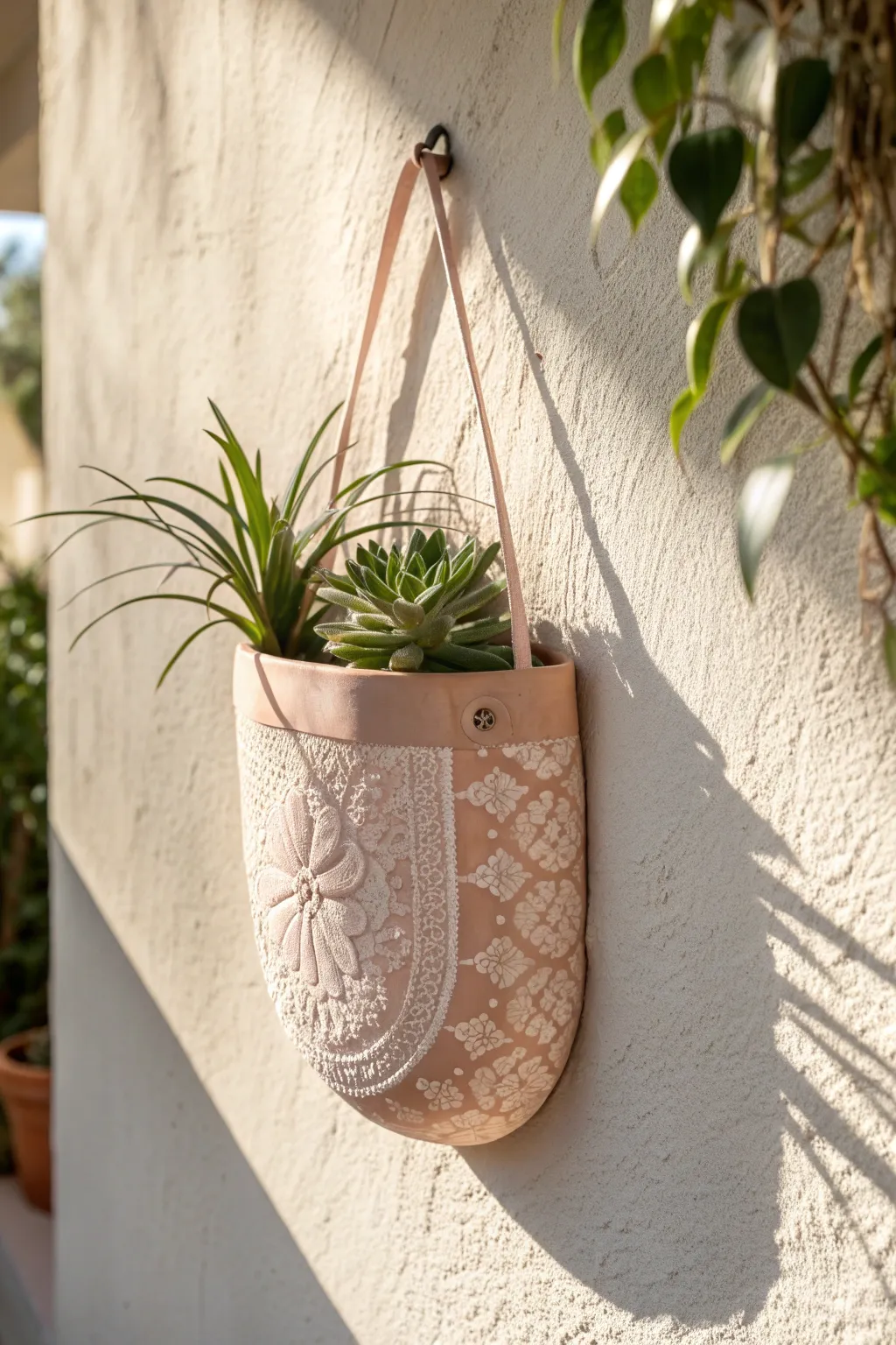 Lace-pressed ceramic wall pocket with translucent glaze, minimalist boho accent for any wall.