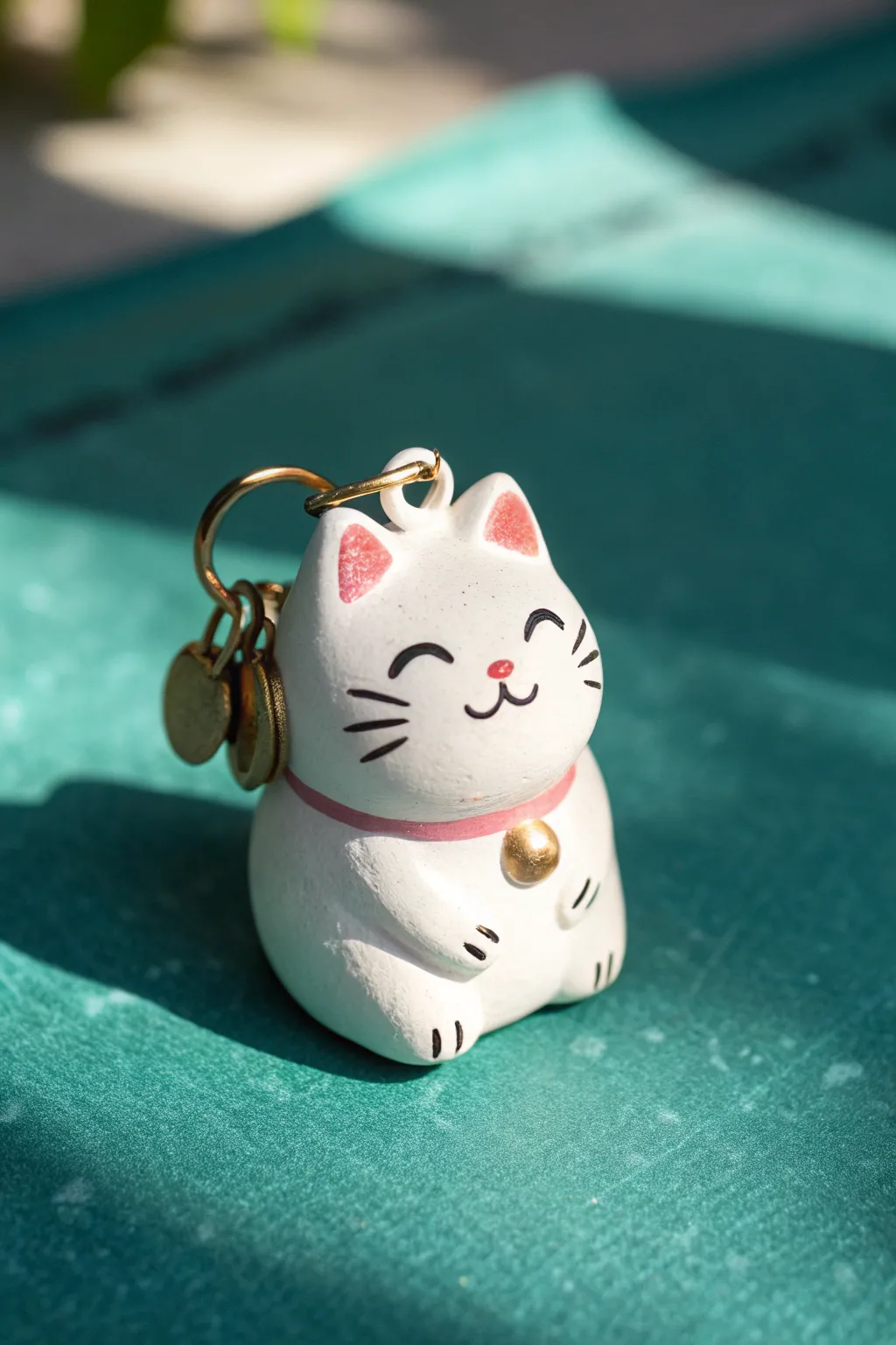 Tiny lucky cat charm in crisp white and bold teal, simple details for an easy, cute clay win.