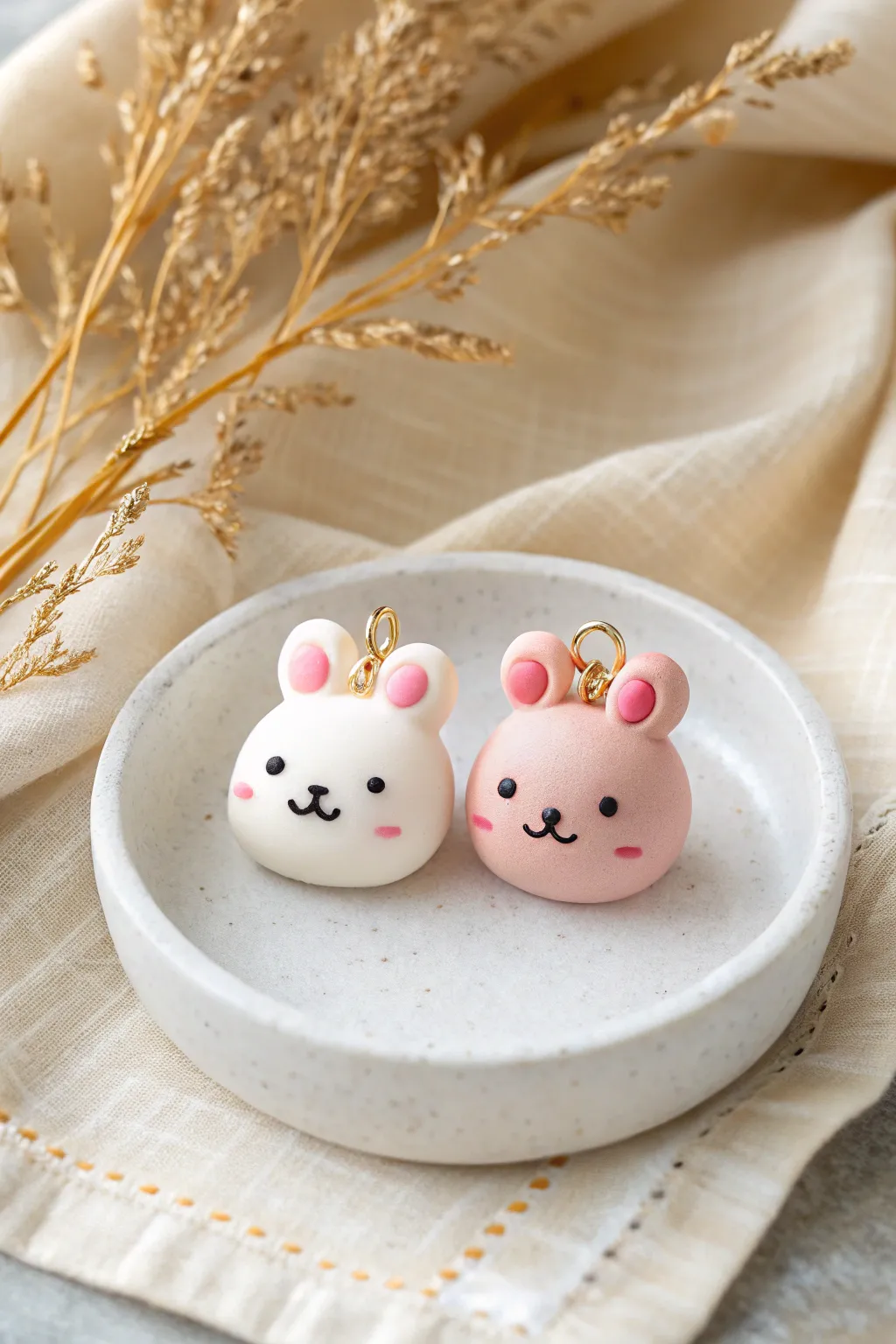 Pillowy marshmallow bunny and bear charms in smooth clay, minimalist kawaii with cozy boho contrast