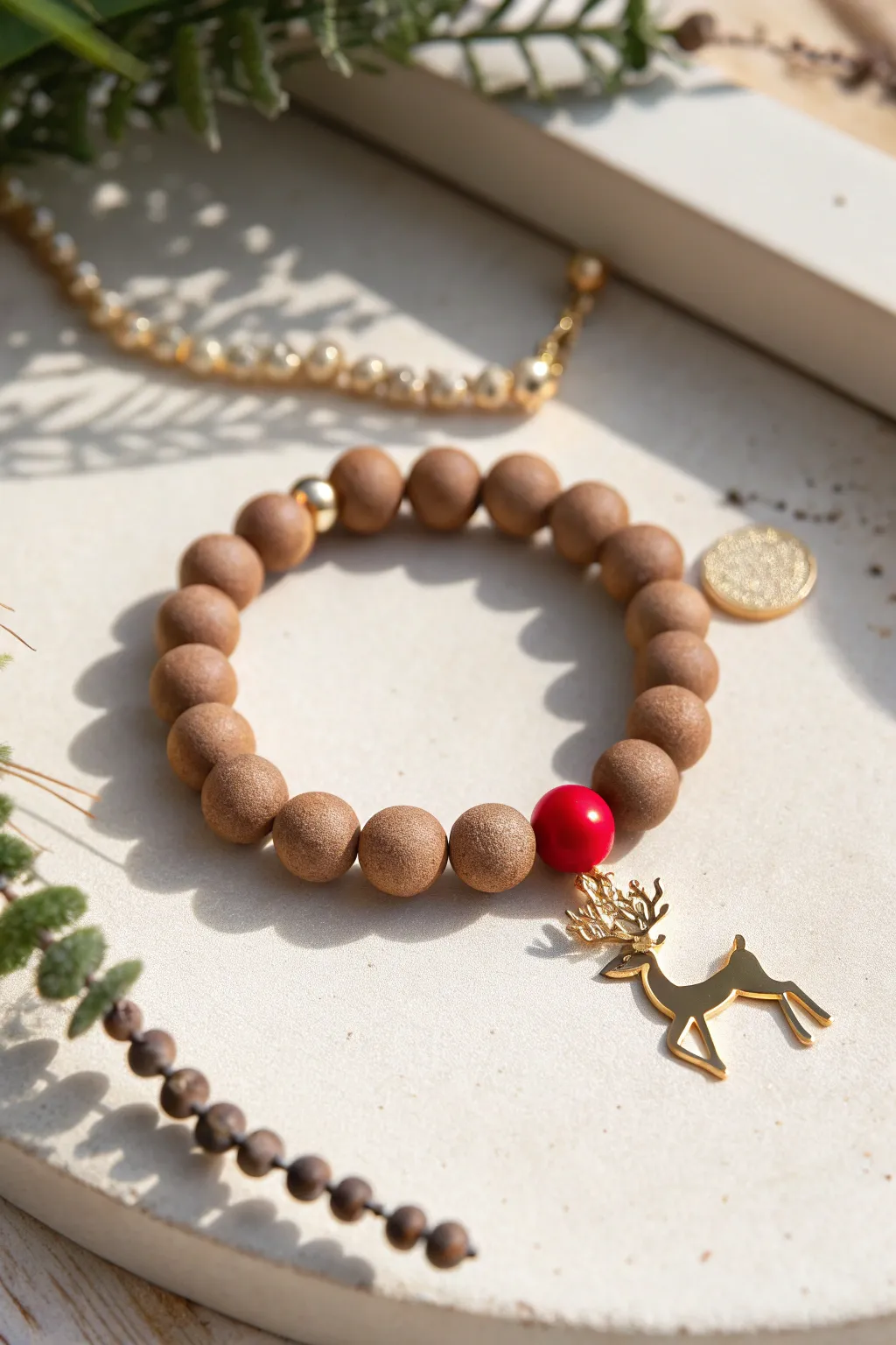 Warm brown clay beads with a bold red nose pop and a tiny gold reindeer charm for Christmas