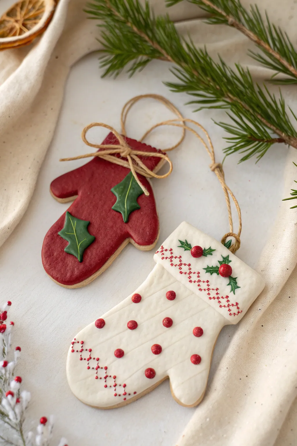 Handmade clay stocking and mitten ornament duo with holly accents, minimalist boho holiday charm.