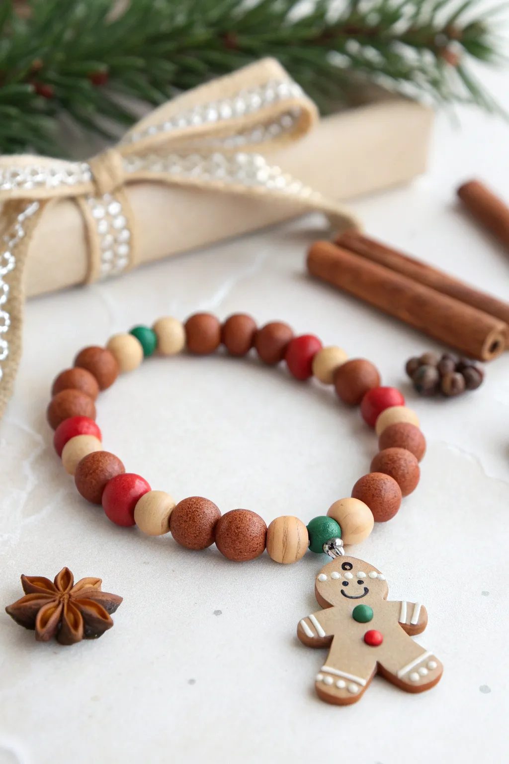 Gingerbread brown clay bracelet with creamy icing beads and festive red green accents, cozy and minimal