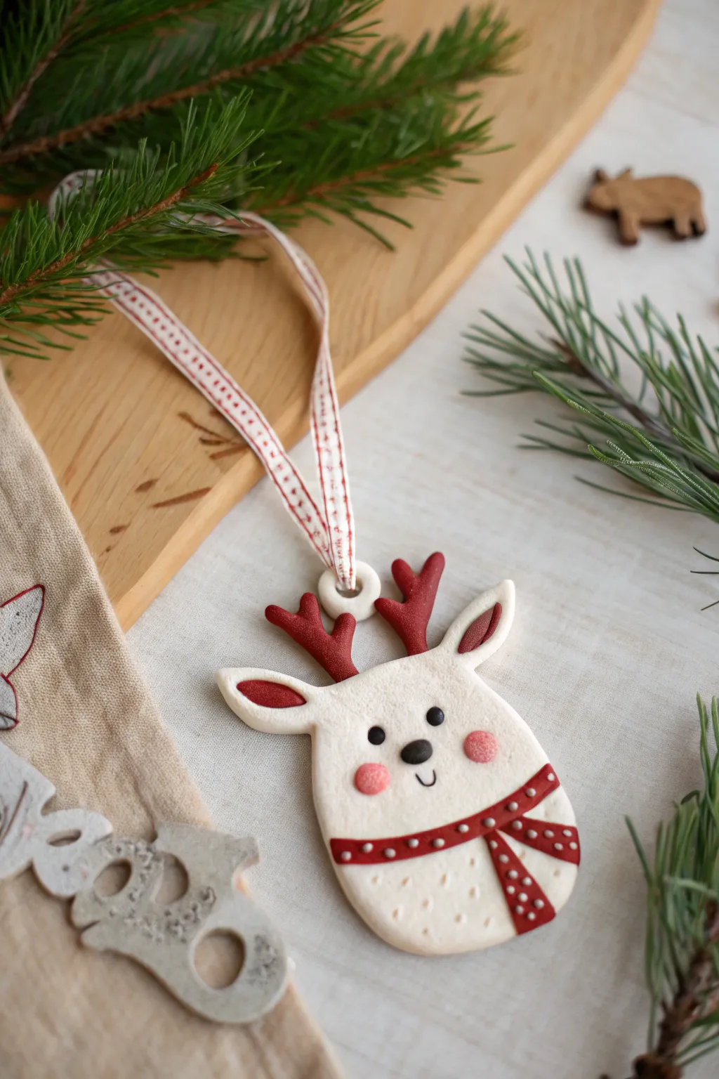 Handmade clay reindeer ornament with a tiny winter bear pal, minimalist Scandinavian boho holiday vibe.