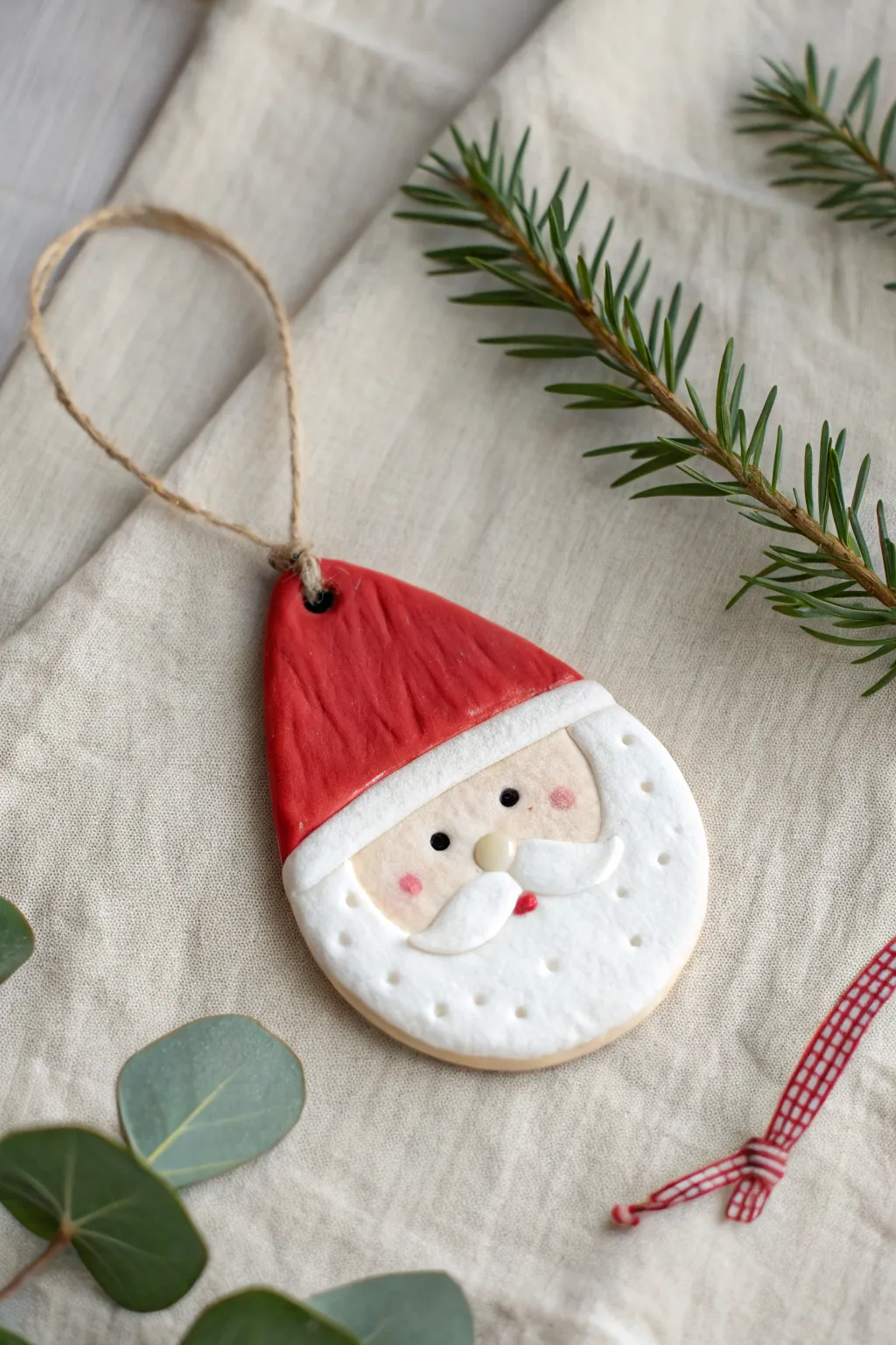 Minimalist clay Santa face ornament with a textured beard and bold red hat, perfect for Christmas.