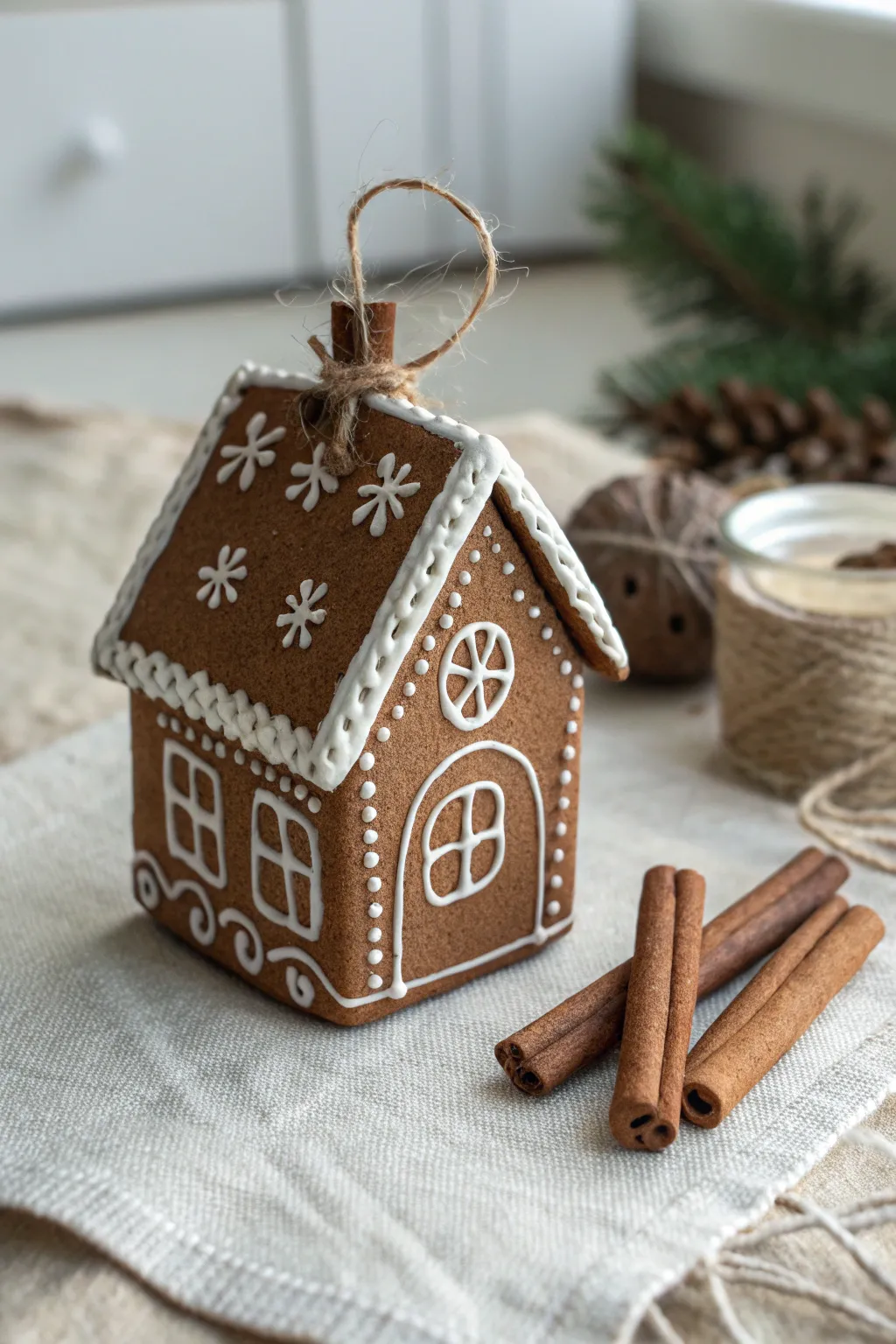 Cozy gingerbread house clay ornament with simple icing lines for minimalist holiday charm