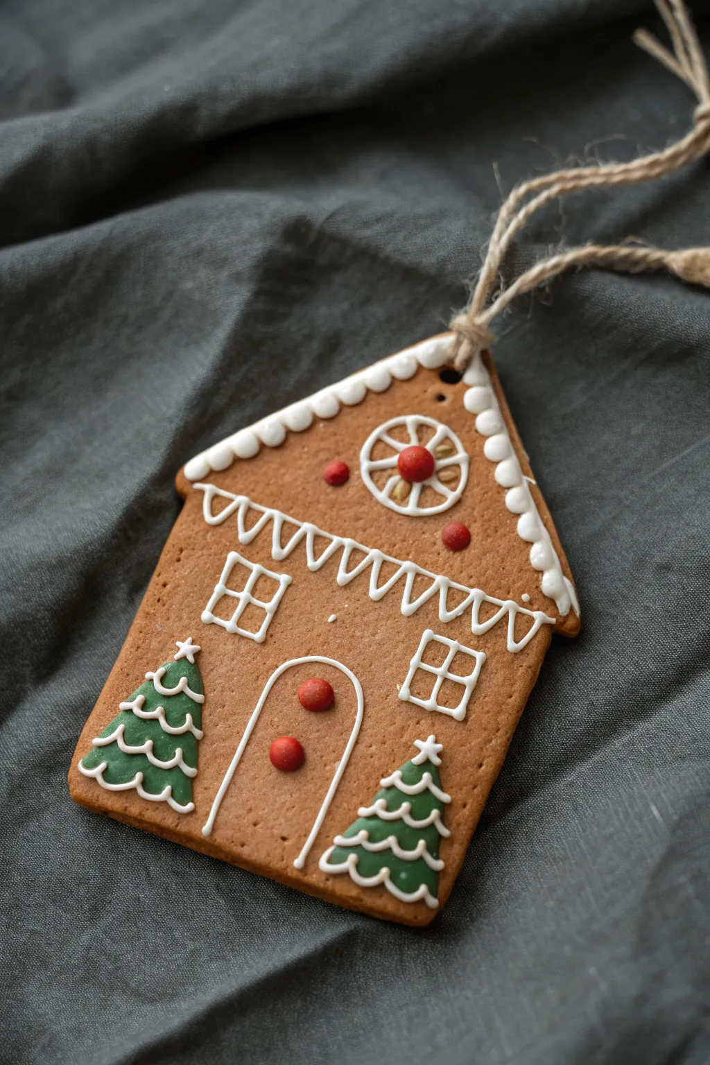 Sweet gingerbread house clay tile ornament with simple icing lines, perfect for kids Christmas crafts.