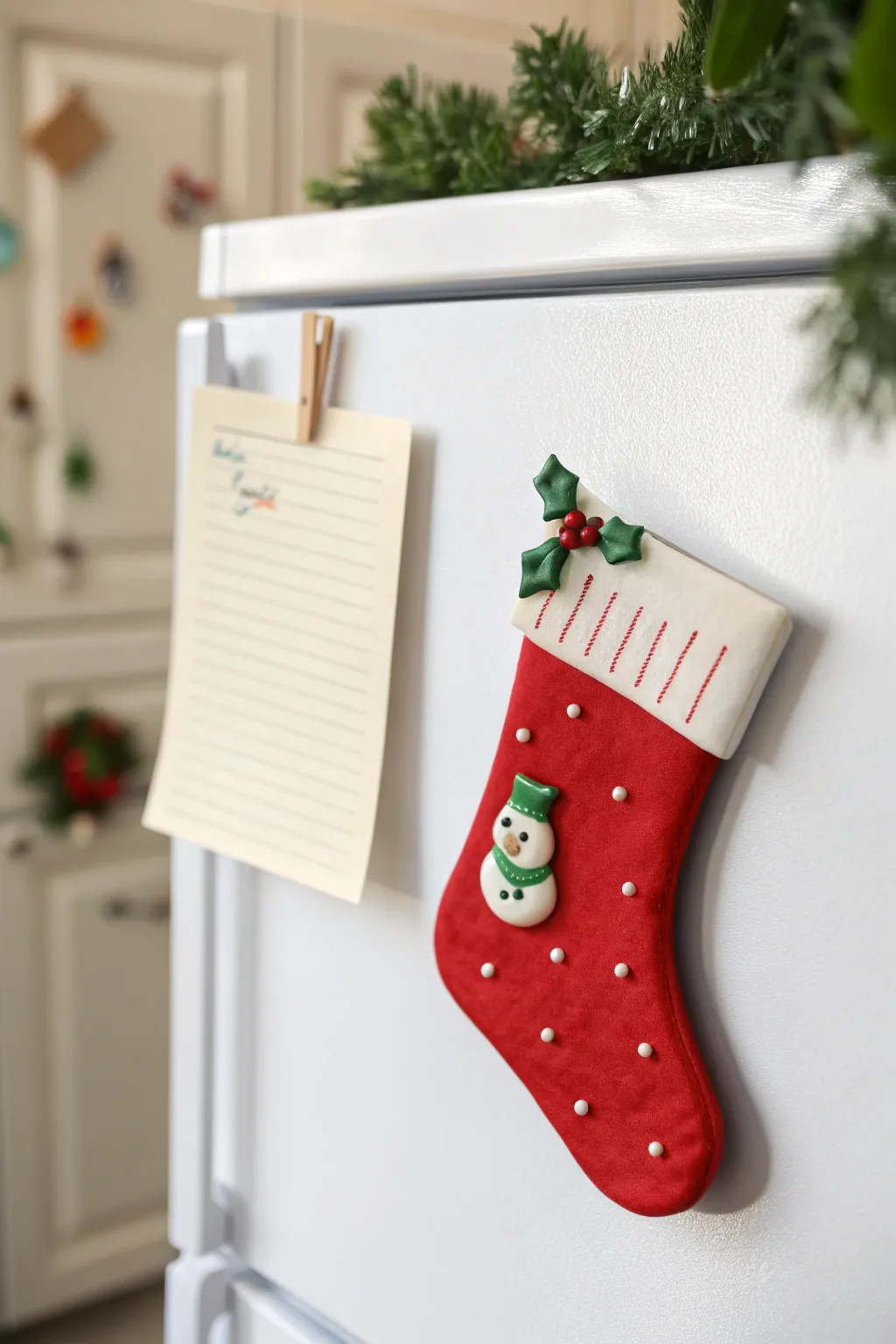 Bright red stocking clay magnet with simple holly details, styled on a minimal fridge for Christmas