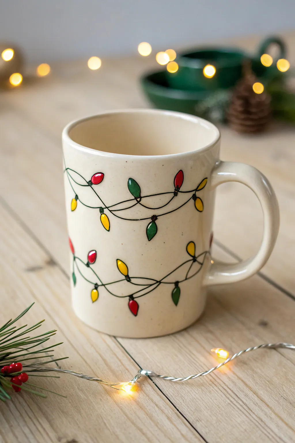 Cozy Christmas mug with a raised light-garland wrap, minimalist style with warm holiday glow.