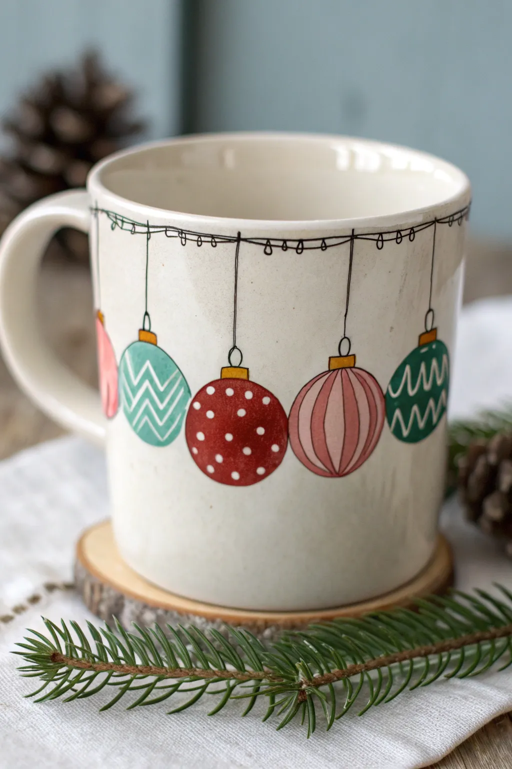 Paint dangling ornament garlands on your mug rim for an easy, modern Christmas look.