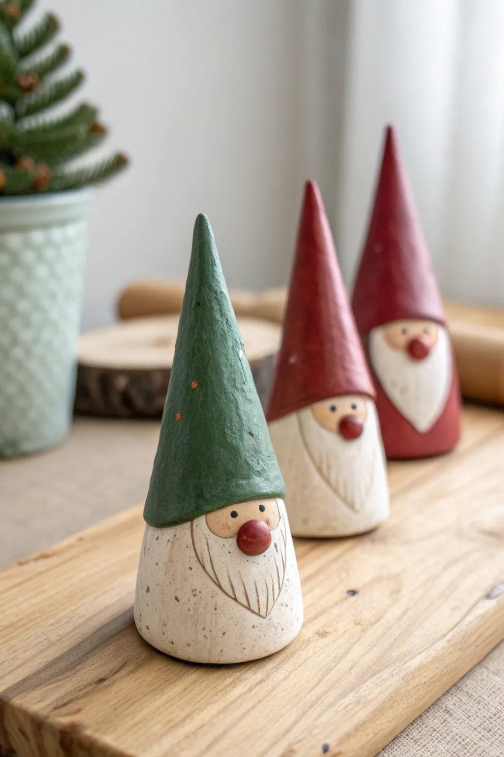 Minimalist holiday gnome trio in muted red, forest green, and ivory for a cozy mantel.
