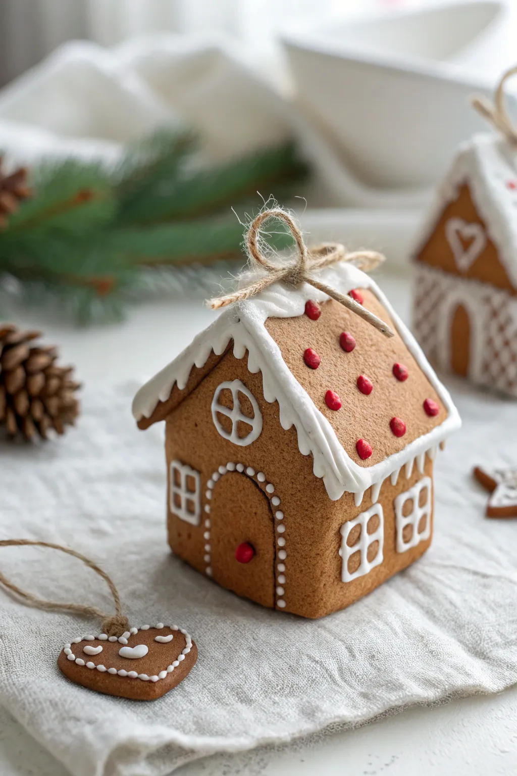 Mini clay gingerbread house ornament with bold icing details and cozy Scandinavian holiday charm