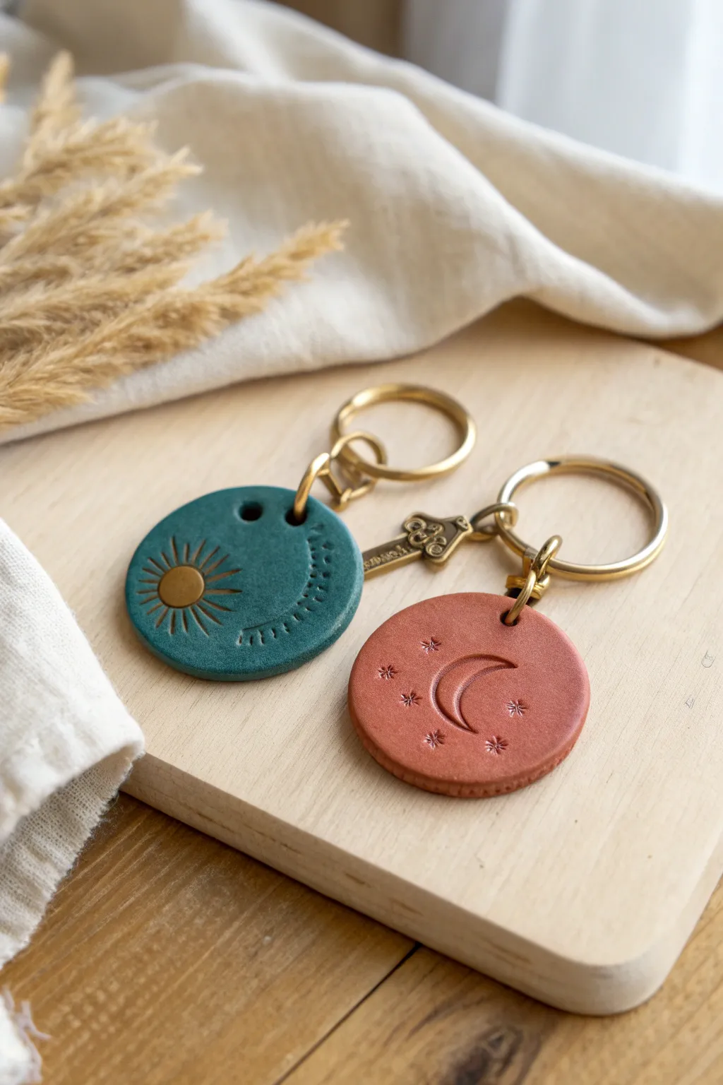 Minimal clay keychain tag discs with stamped symbols, bold color contrast and handmade charm