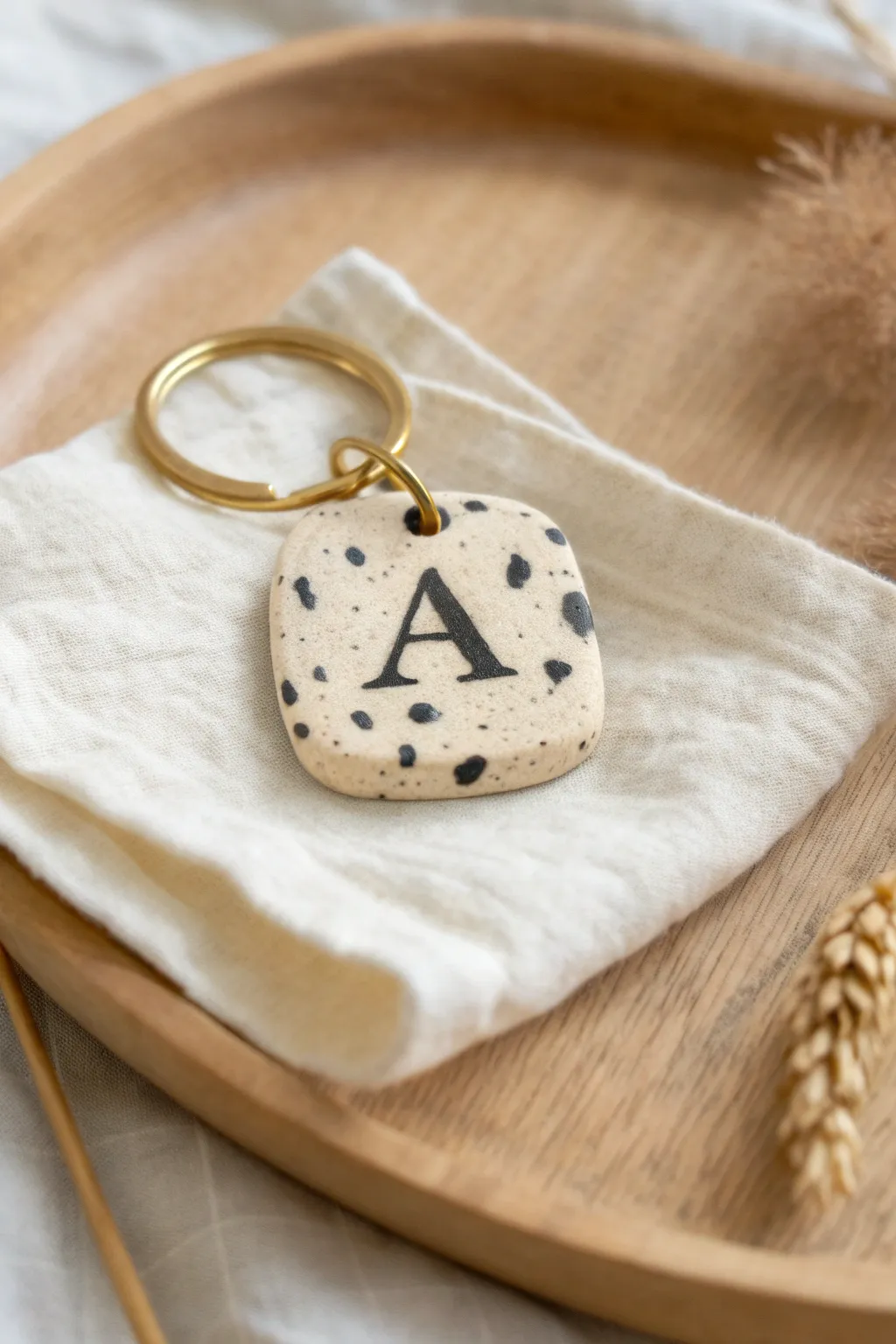 Speckled clay initial keychain in a bold hue, minimal styling, and handcrafted charm for everyday use.
