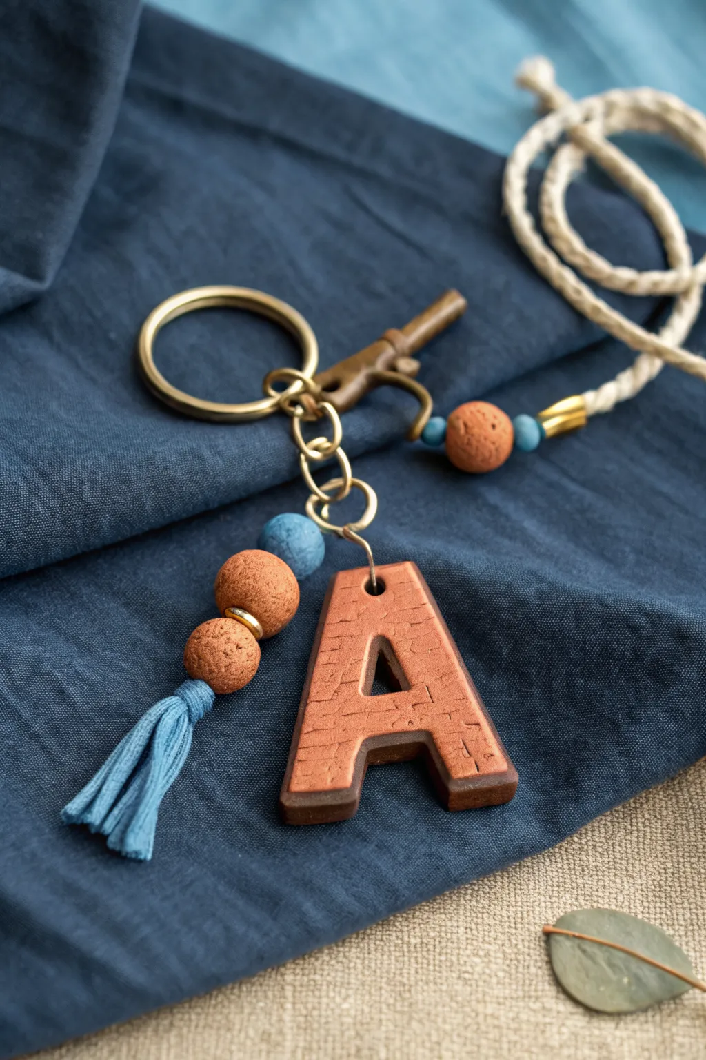 Bold clay initial keychain flat lay on dark linen, minimalist Scandinavian style with boho warmth