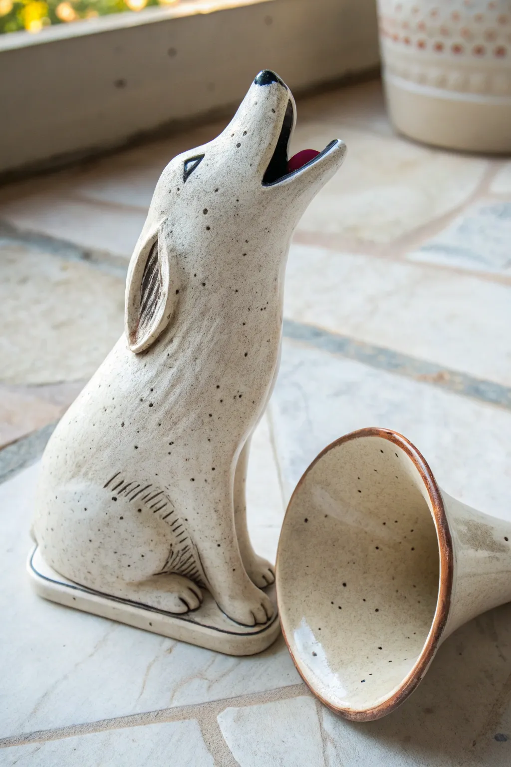 Howling dog head phone horn amplifier in matte white with bold terracotta interior contrast
