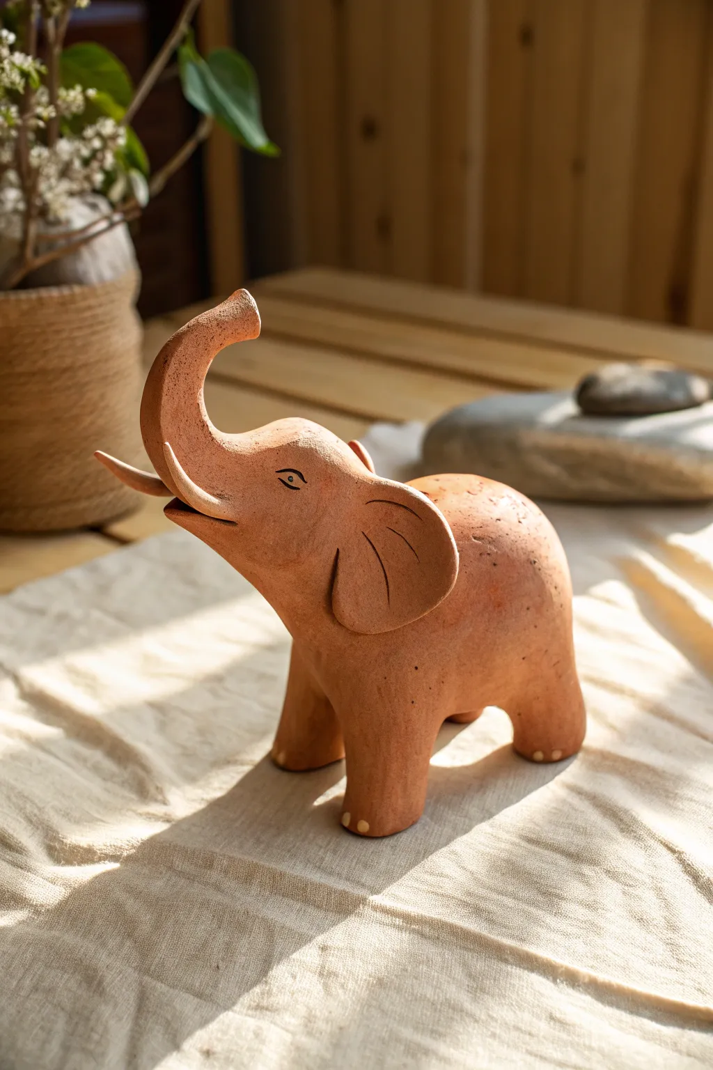 Smooth terracotta clay elephant with a curved trunk, minimalist boho style and bold contrast.