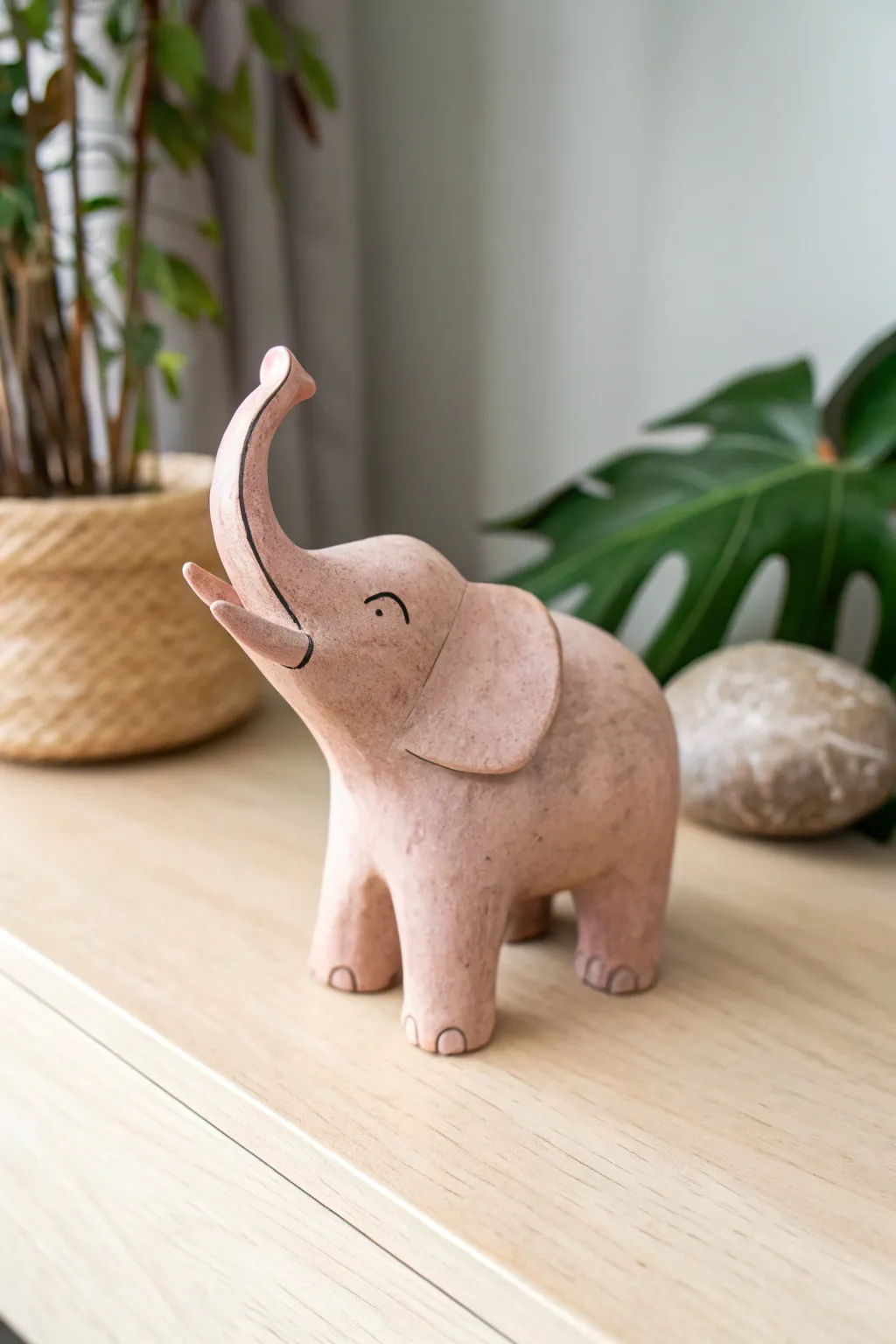 Easy chunky clay elephant with a curved trunk, bold dusty rose, minimalist Scandinavian look.