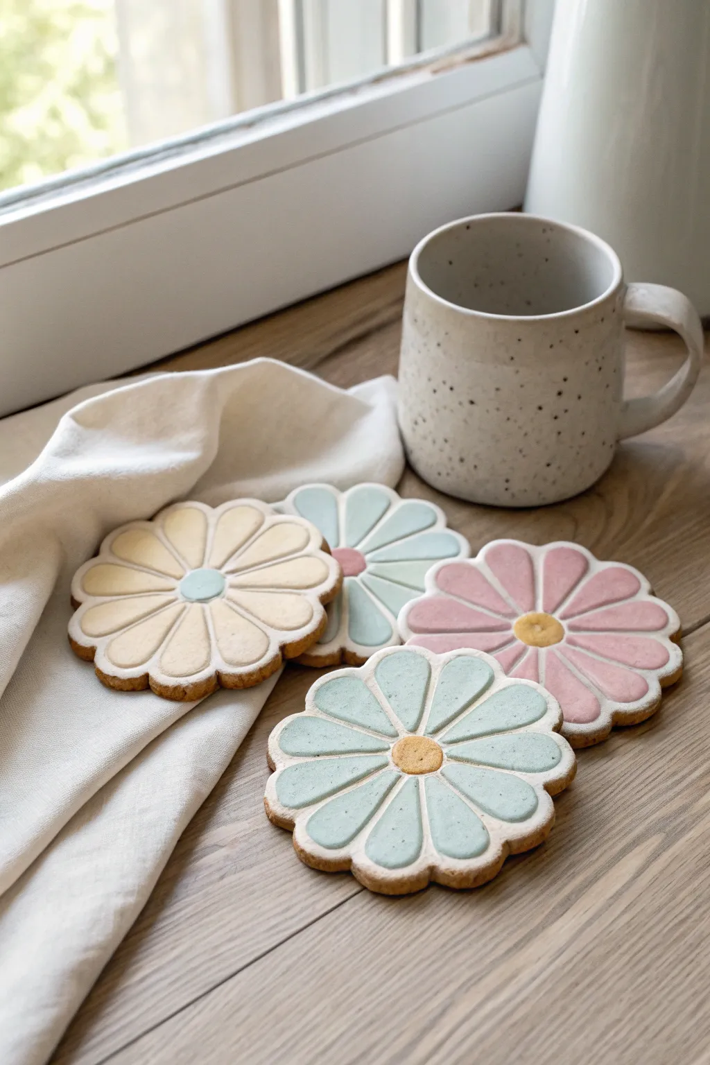 Daisy clay coasters in soft boho hues—simple handmade charm with a bold pop of color.