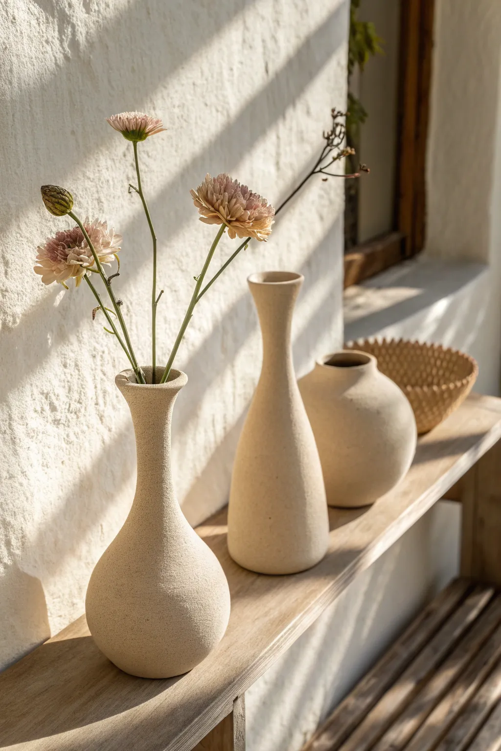 Two body-inspired mini vases in raw clay, a tiny gallery shelf scene with bold single stems.