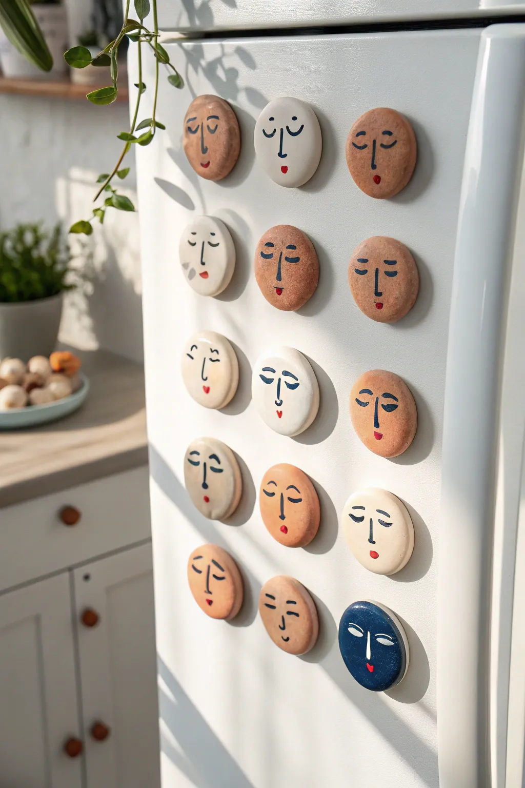 Minimal face magnet set in soft pastels, a simple clay project that brightens any fridge