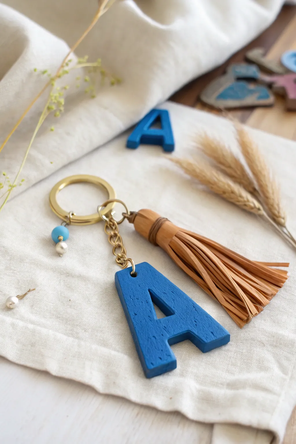 Bold clay initial keychains in modern colors, minimal, giftable, and beautifully handmade feel.