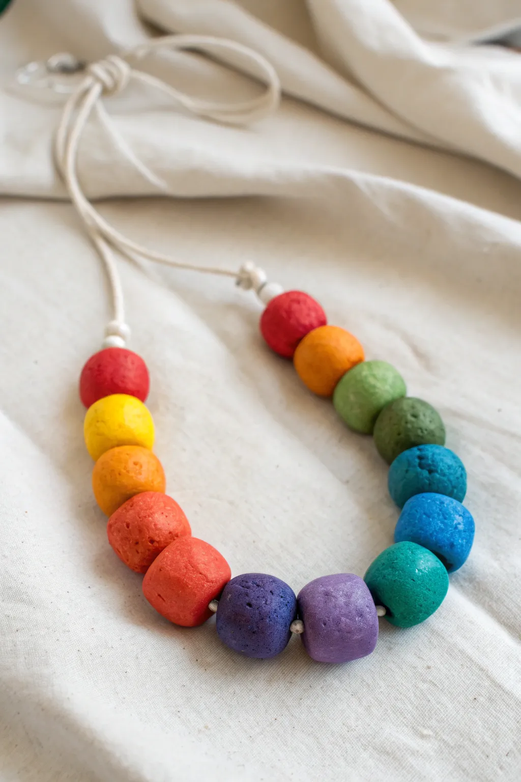 Chunky rainbow clay bead necklace, kid-friendly and bright, styled in simple minimal calm.