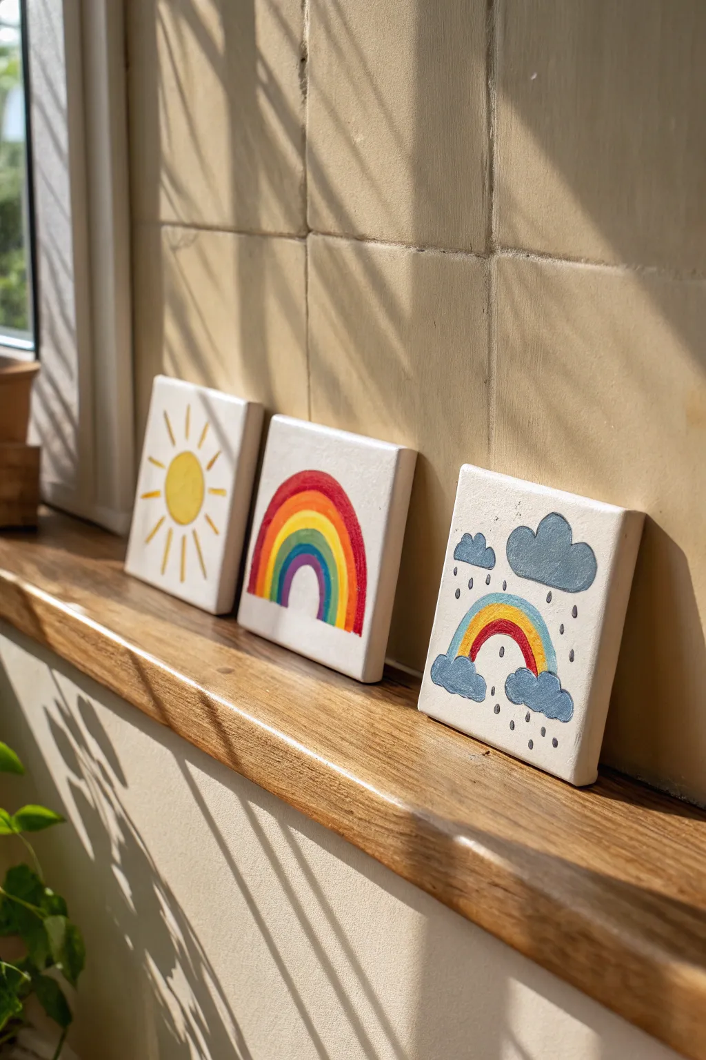 Bright clay relief tiles kids can make: sun, rainbow and cloud mini artworks for a cozy shelf