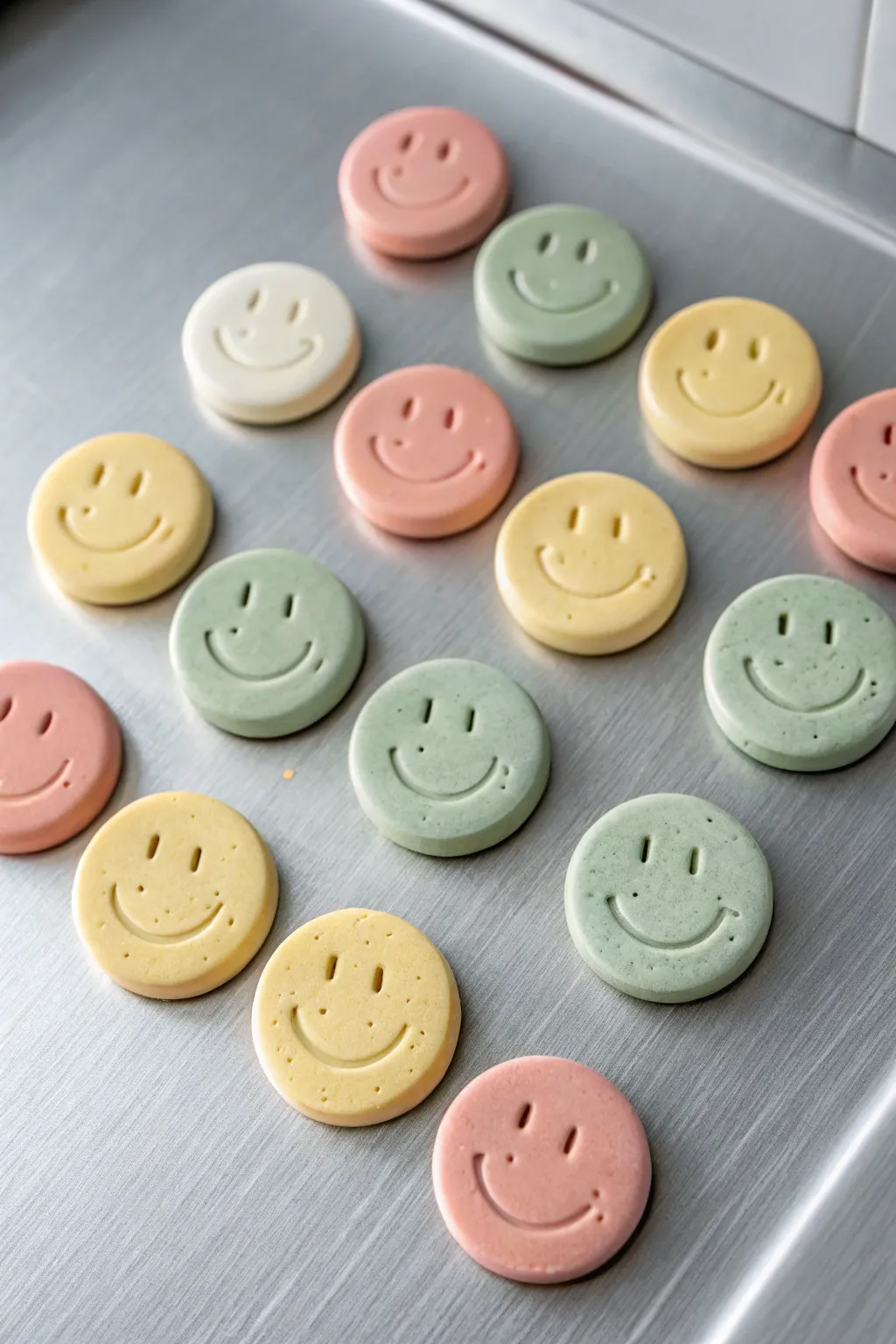 Cheerful clay smiley face magnets in butter yellow, blush and sage, styled minimalist on metal.