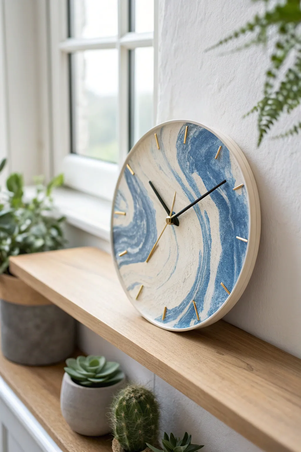Marbled clay clock face with bold two-tone swirl and minimalist ticks, styled on a calm shelf