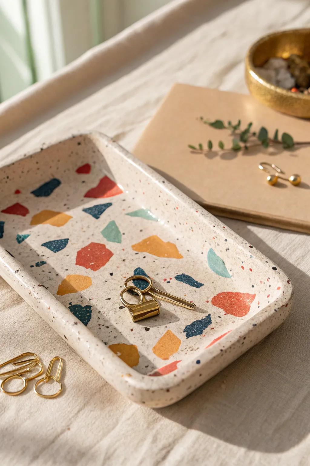 Terrazzo clay trinket tray with bold confetti inlays, a chic catchall for keys and desk bits.