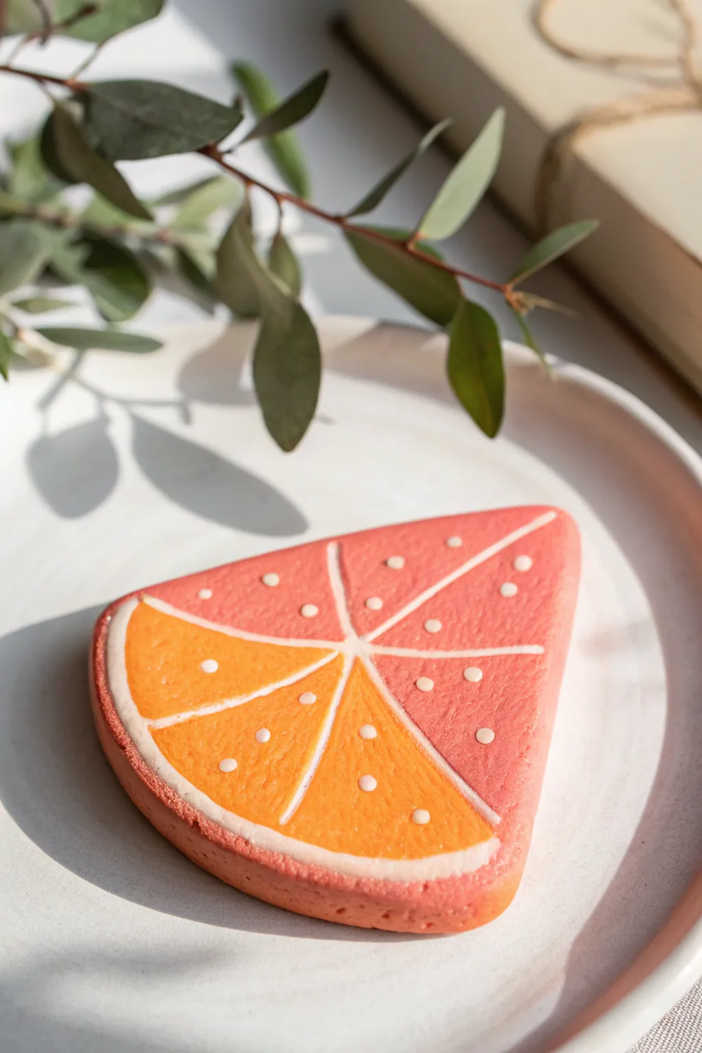 Bold citrus slice clay magnet on a clean white surface, minimal styling with crisp shadows