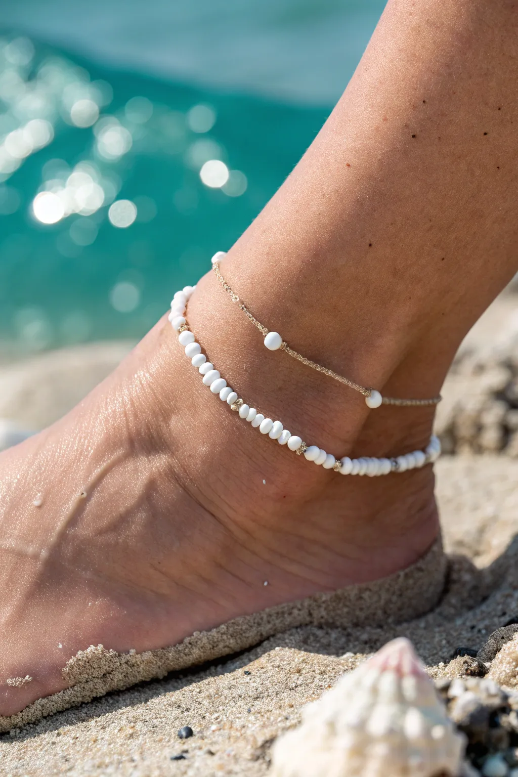 Pearl-and-heishi clay bead anklet in sea-glass light, simple beachy elegance.