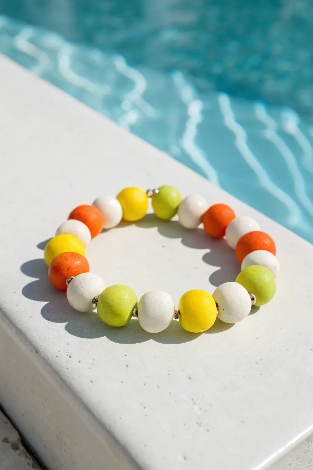 Citrus color-block clay bead bracelet in bold summer hues, minimalist poolside vibes.
