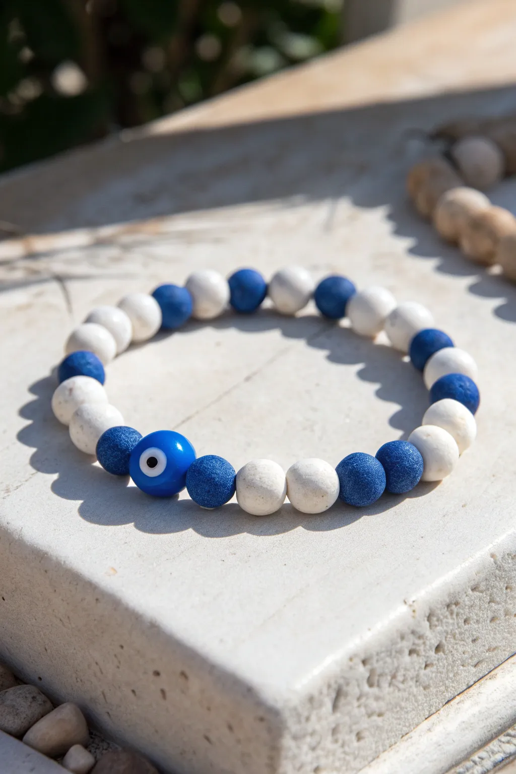Cobalt blue and white clay bead bracelet with a centered eye charm, glowing in bright sunlight