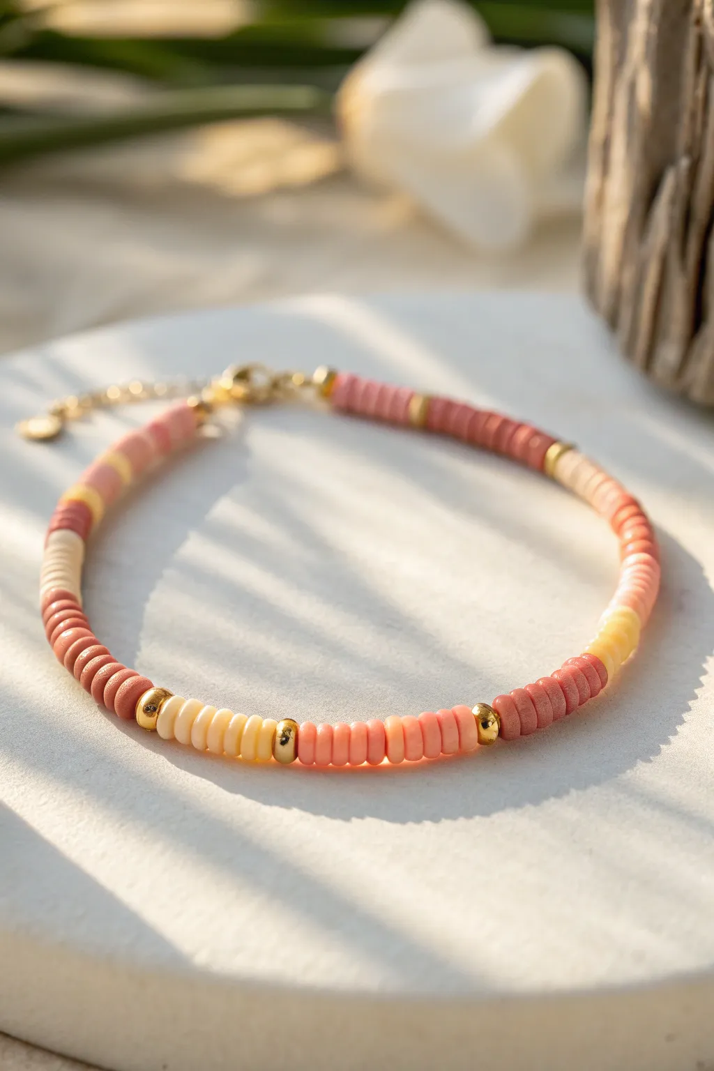 Sunset ombre heishi bracelet in warm pink, coral, and pale yellow with crisp minimalist styling