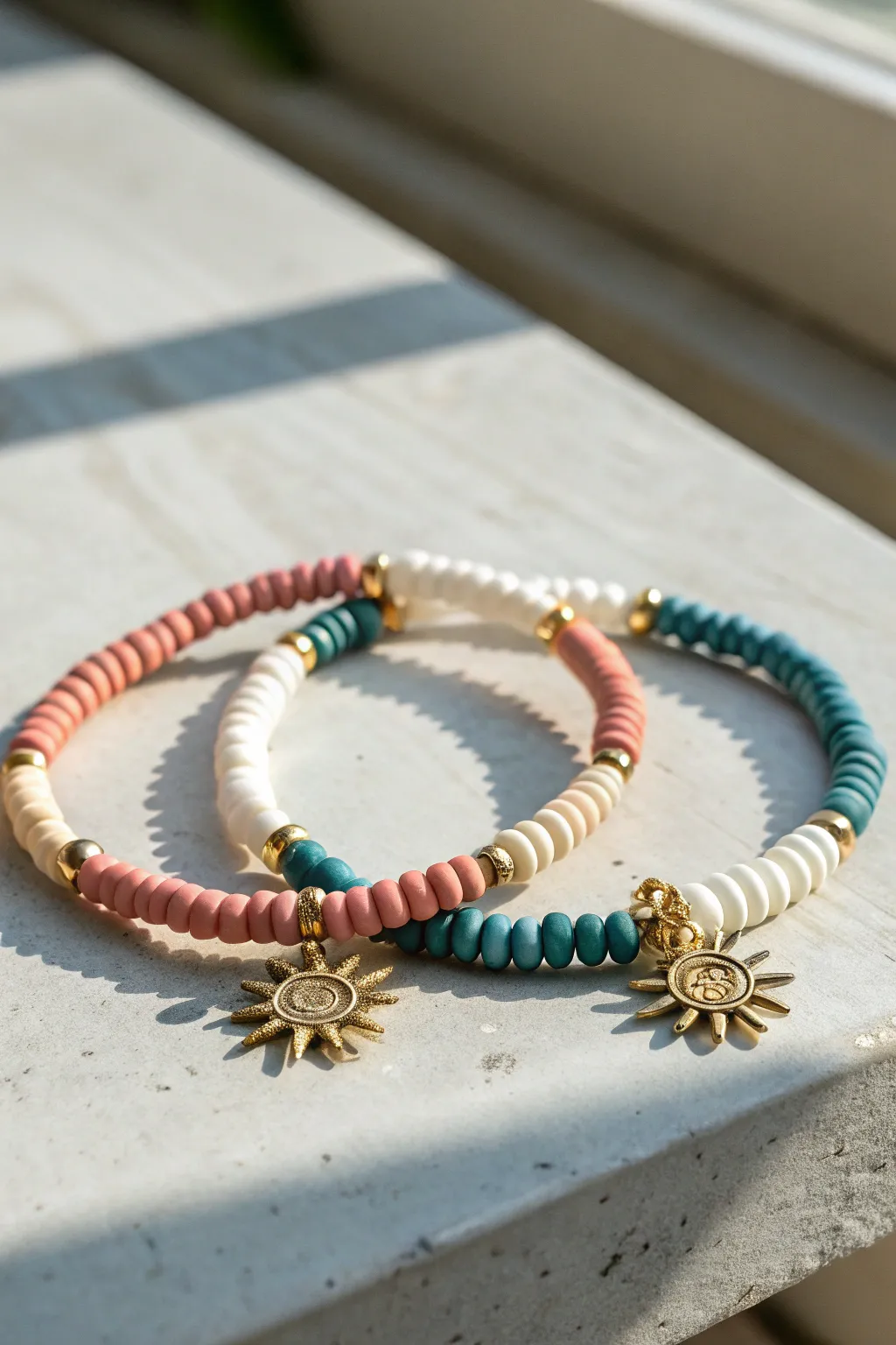 Matching best friend clay bead bracelets with tiny center charms and colorful heishi bead accents.