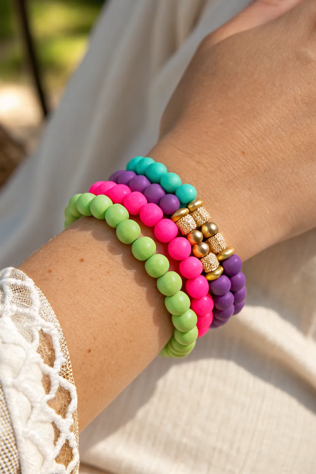 Preppy bright clay bead stack in hot pink, lime, turquoise and purple, with zero white beads.