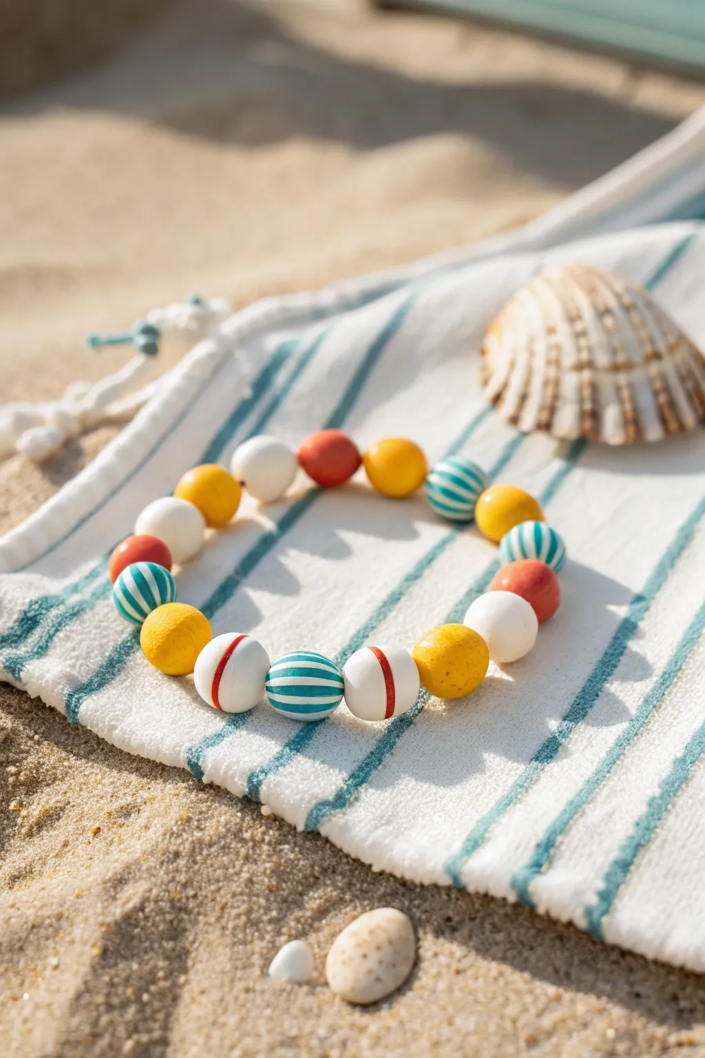 Surfboard-inspired stripes in aqua, coral, sunny yellow and white for effortless beachy style.