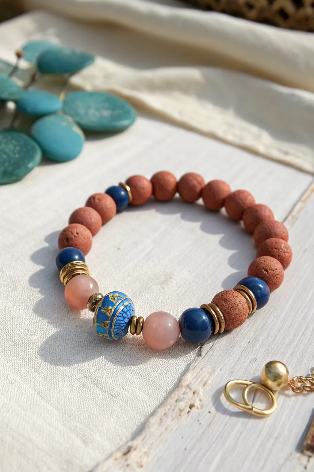 Single statement charm bracelet with symmetrical clay beads, minimalist boho style made to sell