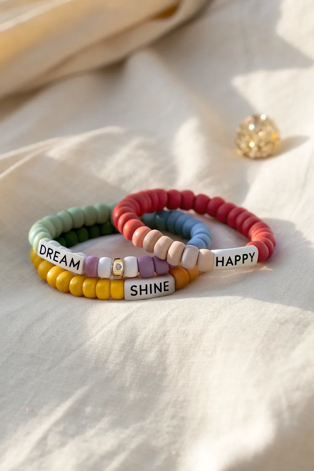 Dream Big rainbow stack: three bright clay bead word bracelets with modern minimalist boho charm.