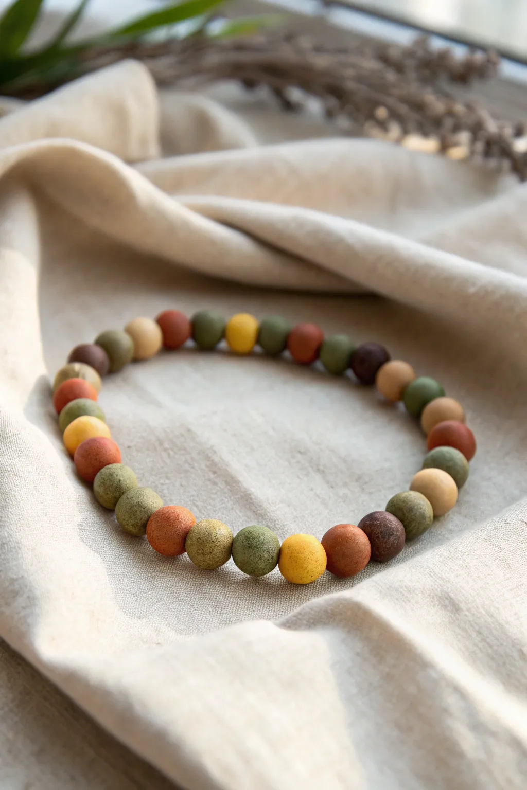 Earthy clay bead bracelet in olive, terracotta, mustard and deep brown, no white, pure boho.