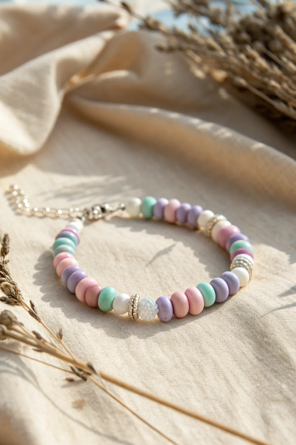 Pastel sorbet clay bead bracelet with simple stripes and white accents for a dreamy look
